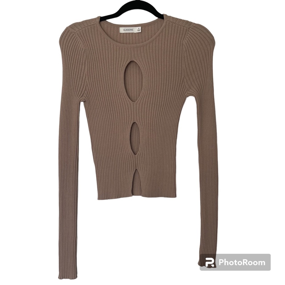 Glassons Taupe Cut Out Long Sleeve Ribbed Top Size S